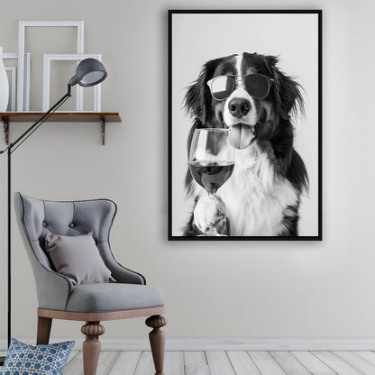 Bernese Mountain Dog and Wine Framed Canvas Print Wall Art, Black and White, Bernese Gift, Kitchen Wall Decor