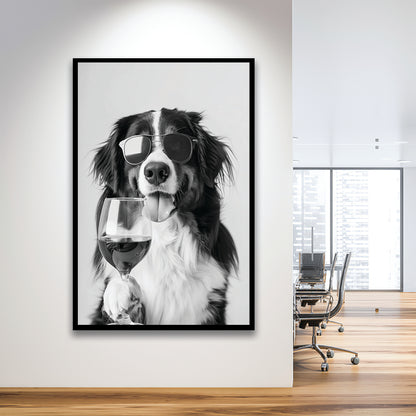 Bernese Mountain Dog and Wine Framed Art Print Wall Decor, Black and White, Bernese Gift, Kitchen Wall Decor