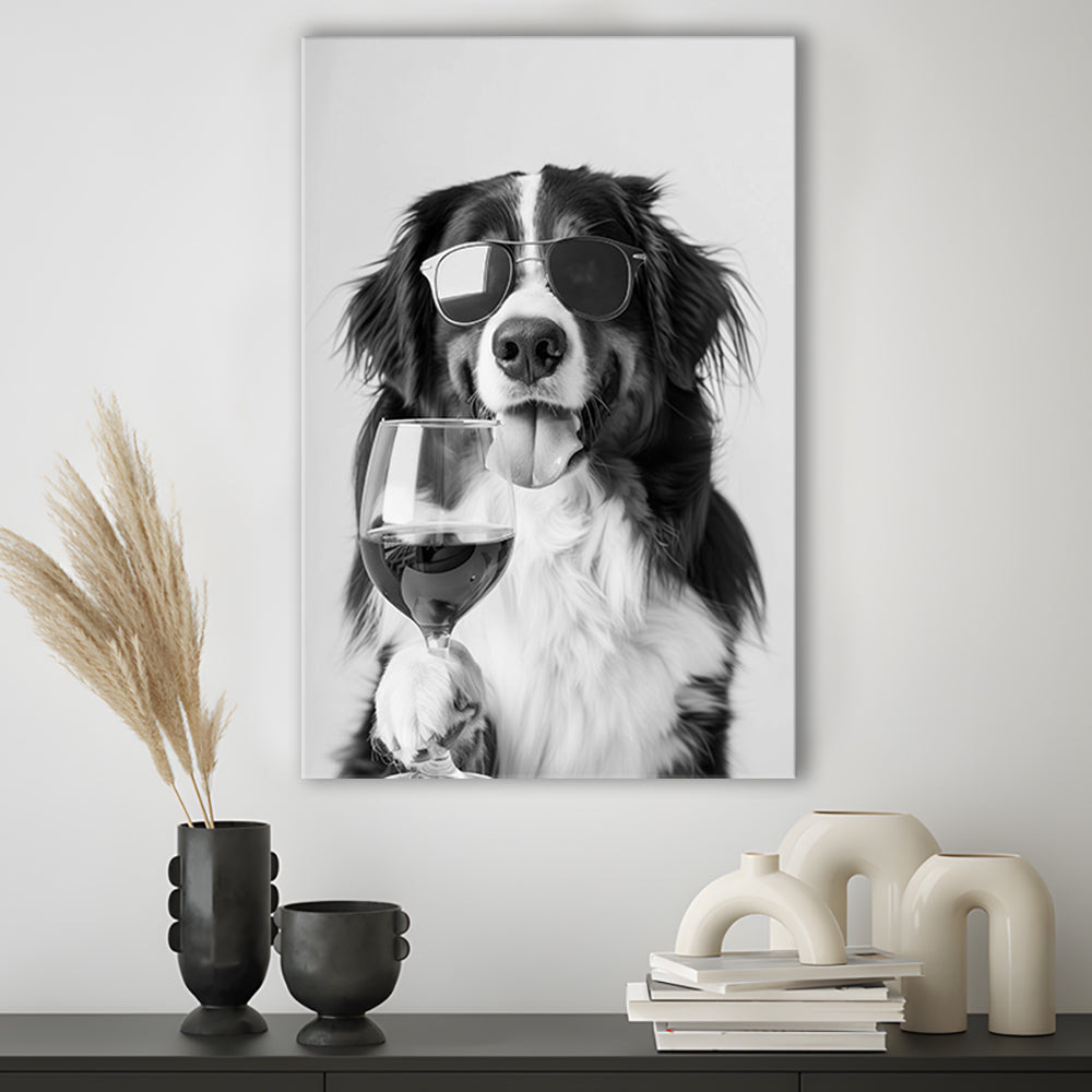 Bernese Mountain Dog and Wine Canvas Print Wall Art, Black and White, Bernese Gift,, Kitchen Wall Decor