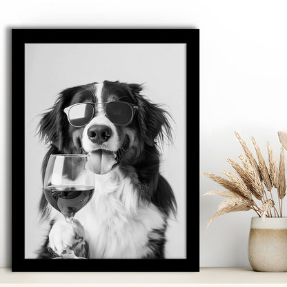 Bernese Mountain Dog and Wine Framed Art Print Wall Decor, Black and White, Bernese Gift, Kitchen Wall Decor