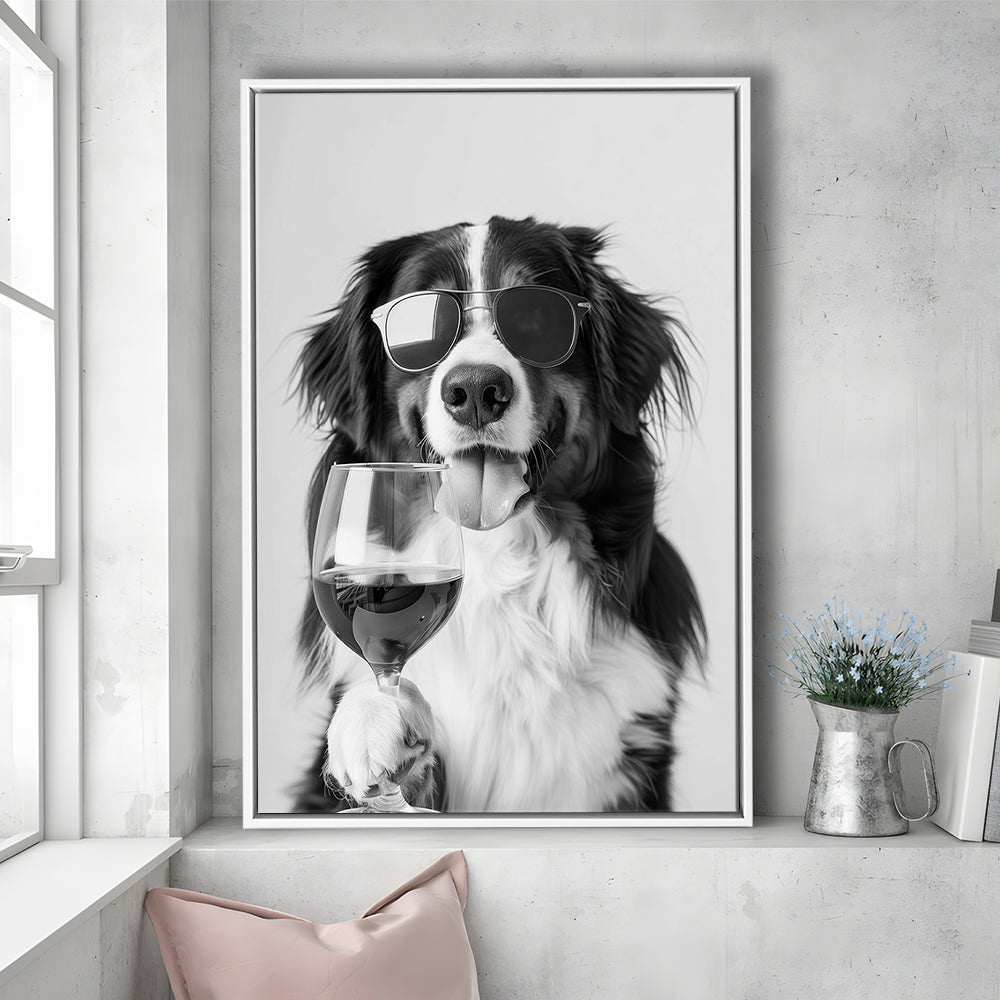Bernese Mountain Dog and Wine Framed Canvas Print Wall Art, Black and White, Bernese Gift, Kitchen Wall Decor