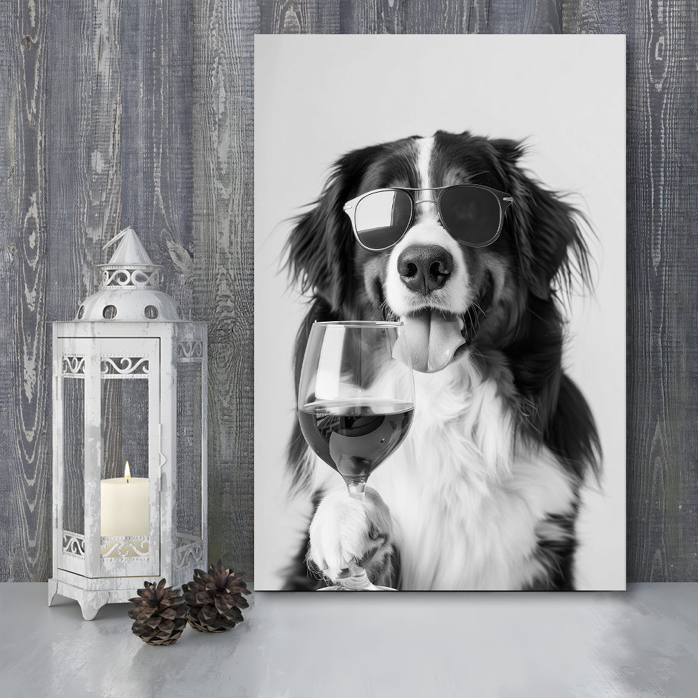 Bernese Mountain Dog and Wine Canvas Print Wall Art, Black and White, Bernese Gift,, Kitchen Wall Decor