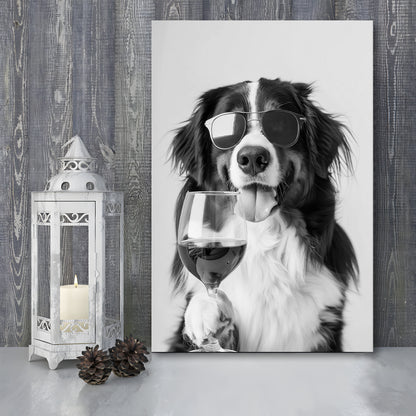 Bernese Mountain Dog and Wine Canvas Print Wall Art, Black and White, Bernese Gift,, Kitchen Wall Decor