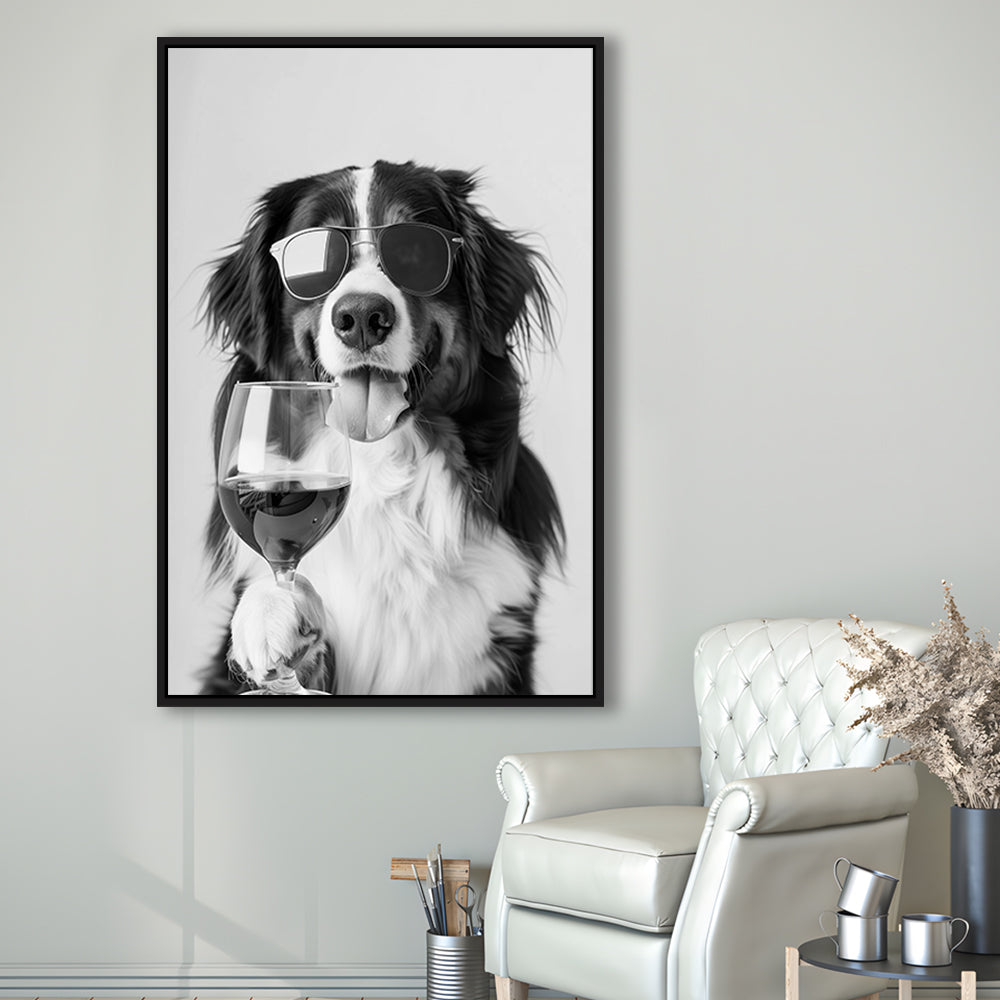 Bernese Mountain Dog and Wine Framed Canvas Print Wall Art, Black and White, Bernese Gift, Kitchen Wall Decor