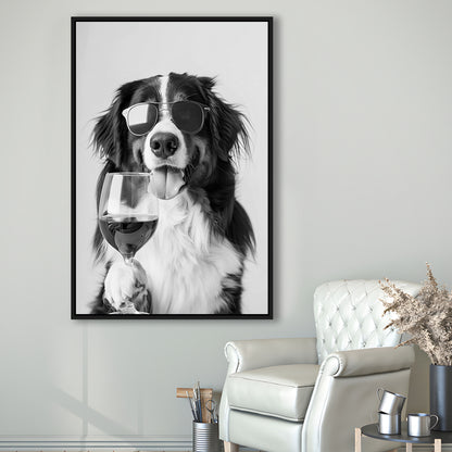Bernese Mountain Dog and Wine Framed Canvas Print Wall Art, Black and White, Bernese Gift, Kitchen Wall Decor