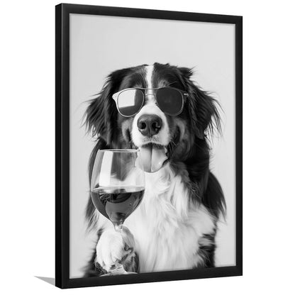 Bernese Mountain Dog and Wine Framed Art Print Wall Decor, Black and White, Bernese Gift, Kitchen Wall Decor