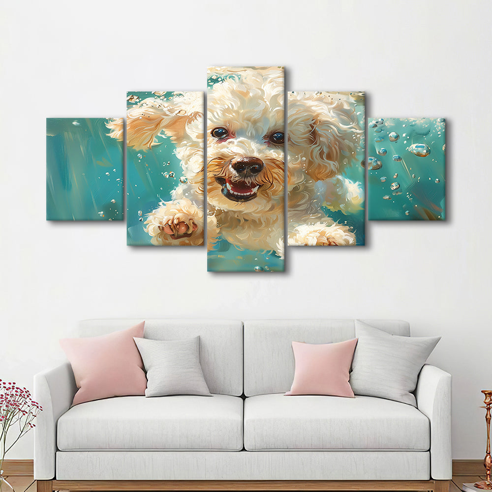 Bichon Frise Dog Funny Swimming Underwater Watercolor, Funny Pet Art, Mixed Panels Canvas Print Wall Art