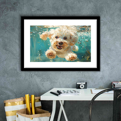 Bichon Frise Dog Funny Swimming Underwater Watercolor, Funny Pet Art, Framed Art Print White Border Wall Decor