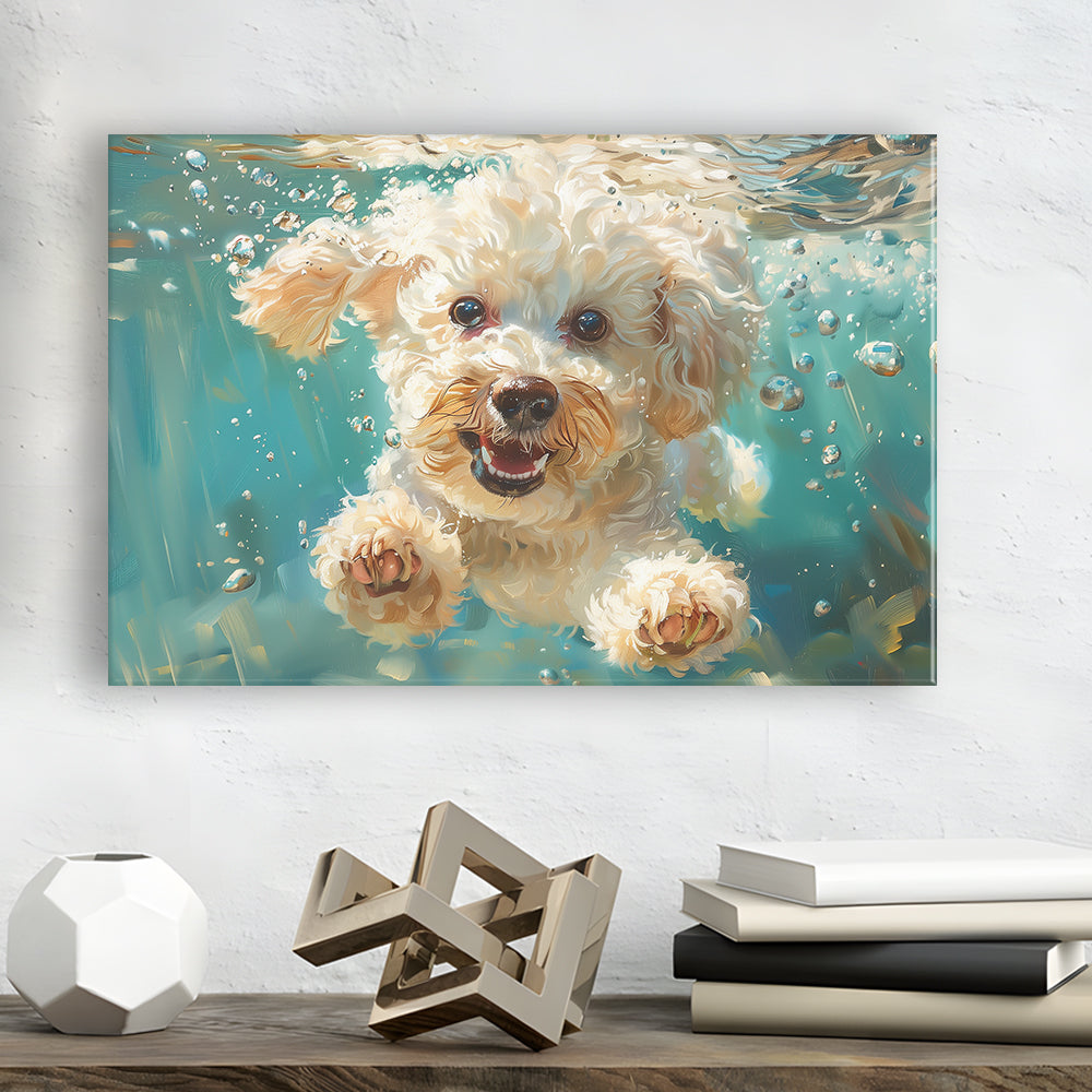 Bichon Frise Dog Funny Swimming Underwater Watercolor, Funny Pet Art, Canvas Print Wall Art Home Decor