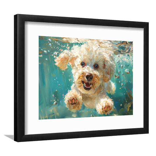 Bichon Frise Dog Funny Swimming Underwater Watercolor, Funny Pet Art, Framed Art Print White Border Wall Decor