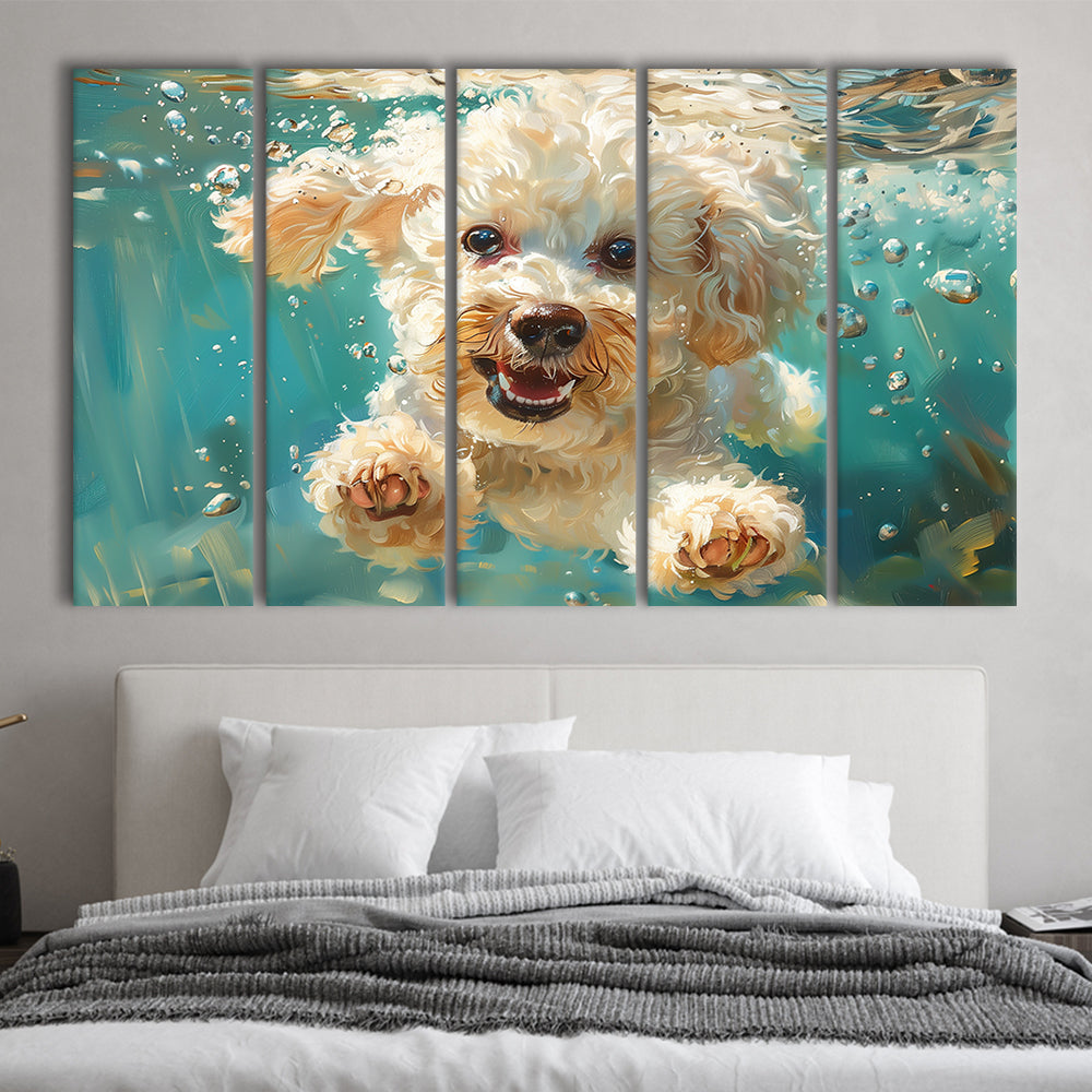 Bichon Frise Dog Funny Swimming Underwater Watercolor, Funny Pet Art, Multi Panels Canvas Print Wall Art