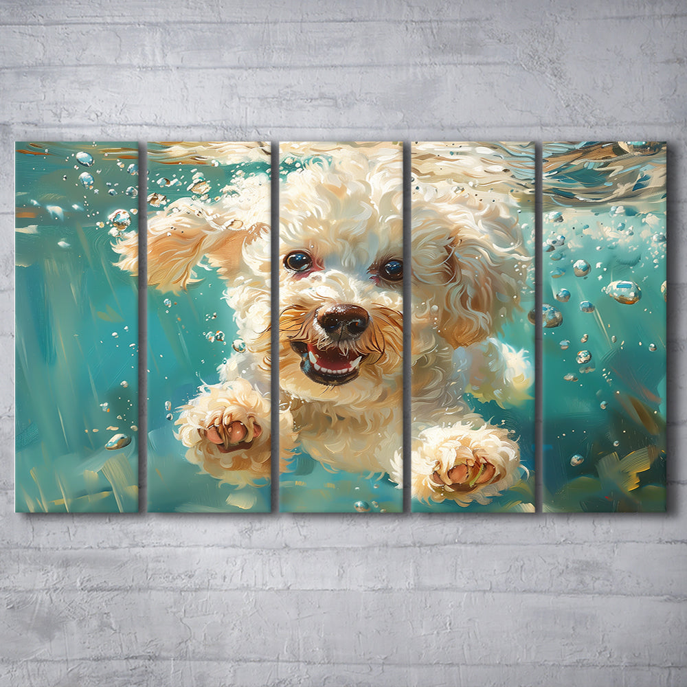 Bichon Frise Dog Funny Swimming Underwater Watercolor, Funny Pet Art, Multi Panels Canvas Print Wall Art
