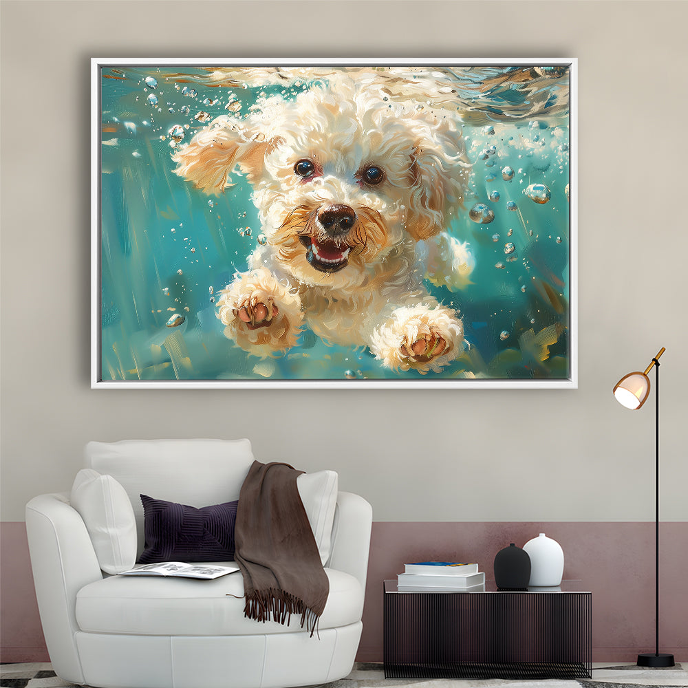 Bichon Frise Dog Funny Swimming Underwater Watercolor, Funny Pet Art, Floating Framed Canvas Print Wall Art