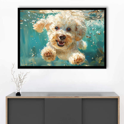 Bichon Frise Dog Funny Swimming Underwater Watercolor, Funny Pet Art, Framed Art Print Wall Decor, Framed Picture