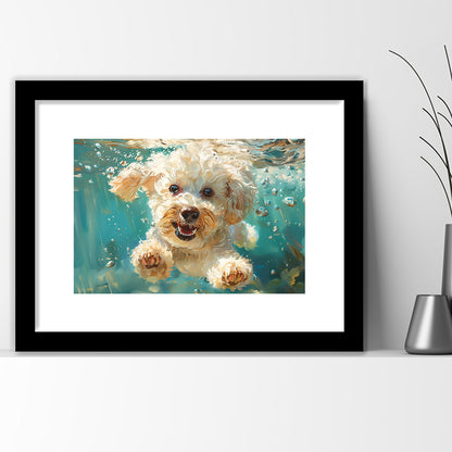 Bichon Frise Dog Funny Swimming Underwater Watercolor, Funny Pet Art, Framed Art Print White Border Wall Decor