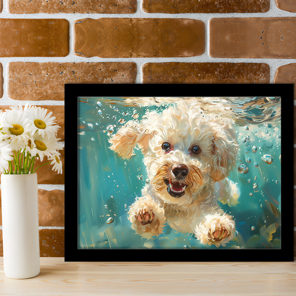 Bichon Frise Dog Funny Swimming Underwater Watercolor, Funny Pet Art, Framed Art Print Wall Decor, Framed Picture