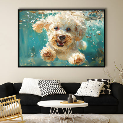 Bichon Frise Dog Funny Swimming Underwater Watercolor, Funny Pet Art, Floating Framed Canvas Print Wall Art