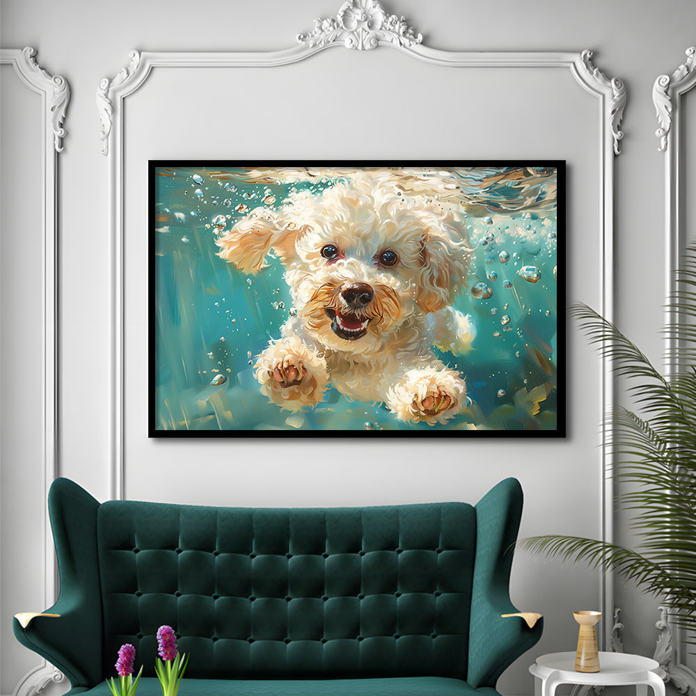 Bichon Frise Dog Funny Swimming Underwater Watercolor, Funny Pet Art, Framed Art Print Wall Decor, Framed Picture