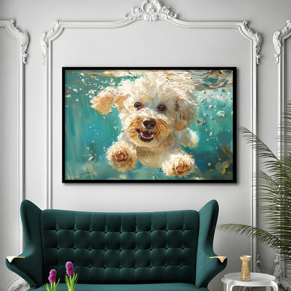Bichon Frise Dog Funny Swimming Underwater Watercolor, Funny Pet Art, Framed Art Print Wall Decor, Framed Picture