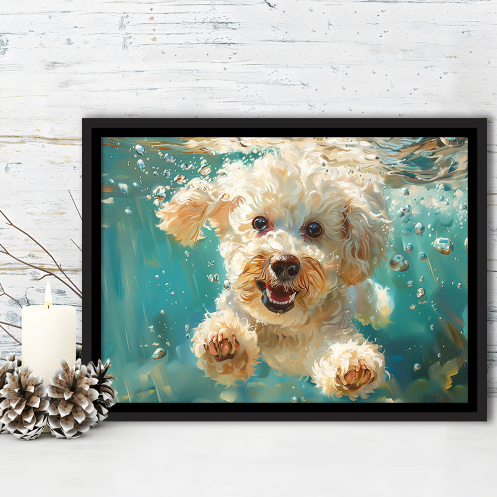 Bichon Frise Dog Funny Swimming Underwater Watercolor, Funny Pet Art, Floating Framed Canvas Print Wall Art