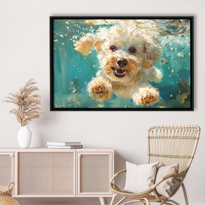 Bichon Frise Dog Funny Swimming Underwater Watercolor, Funny Pet Art, Floating Framed Canvas Print Wall Art