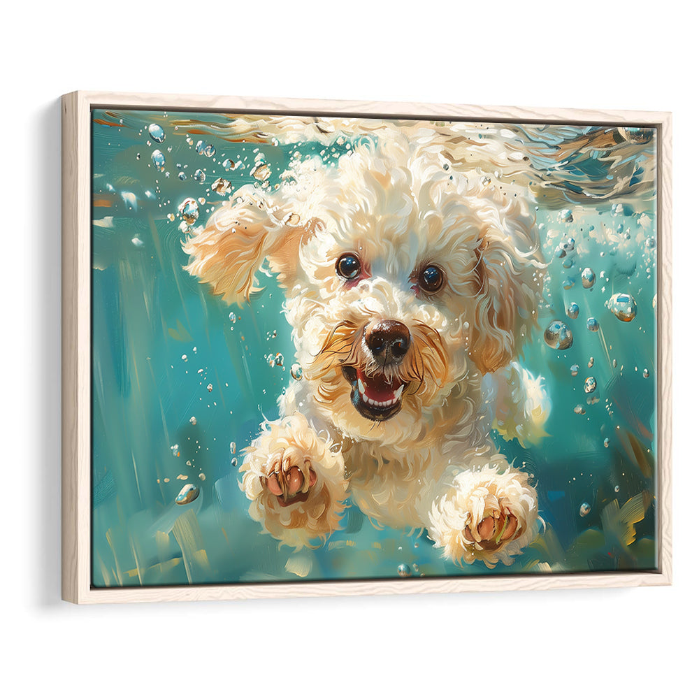 Bichon Frise Dog Funny Swimming Underwater Watercolor, Funny Pet Art, Floating Framed Canvas Print Wall Art