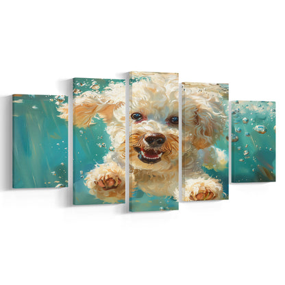 Bichon Frise Dog Funny Swimming Underwater Watercolor, Funny Pet Art, Mixed Panels Canvas Print Wall Art