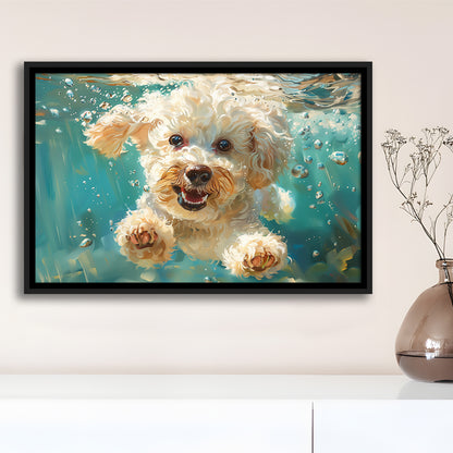 Bichon Frise Dog Funny Swimming Underwater Watercolor, Funny Pet Art, Floating Framed Canvas Print Wall Art