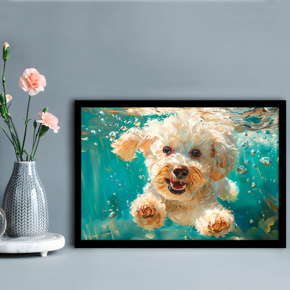 Bichon Frise Dog Funny Swimming Underwater Watercolor, Funny Pet Art, Framed Art Print Wall Decor, Framed Picture