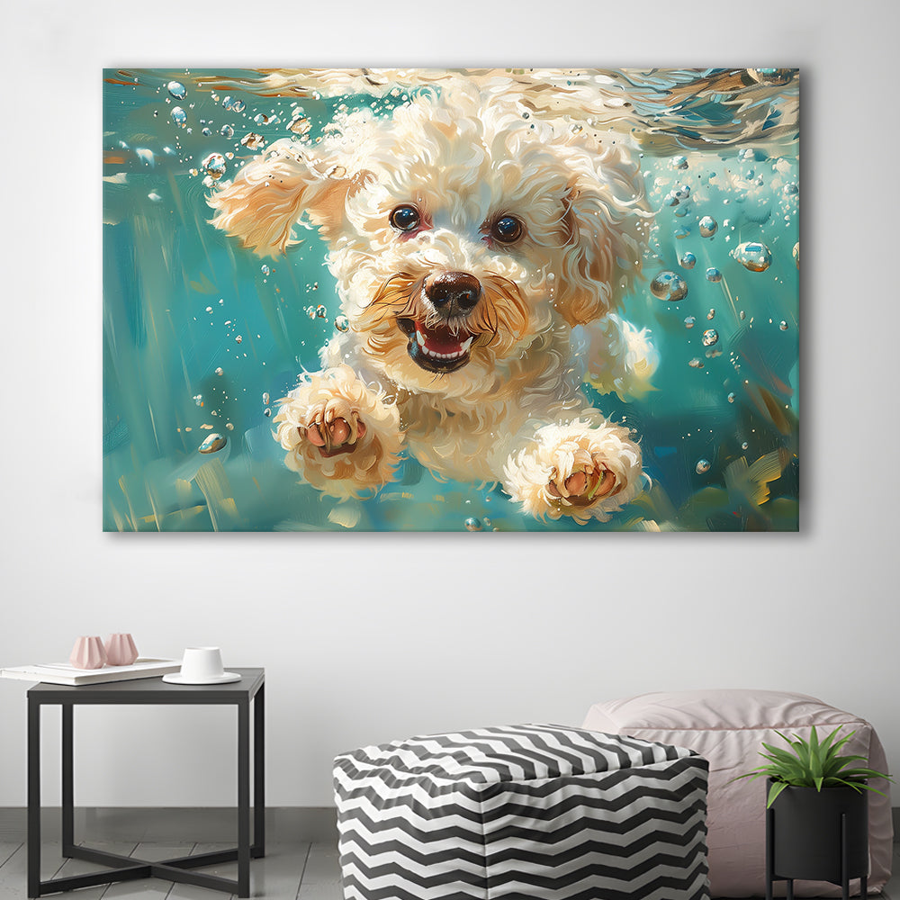 Bichon Frise Dog Funny Swimming Underwater Watercolor, Funny Pet Art, Canvas Print Wall Art Home Decor