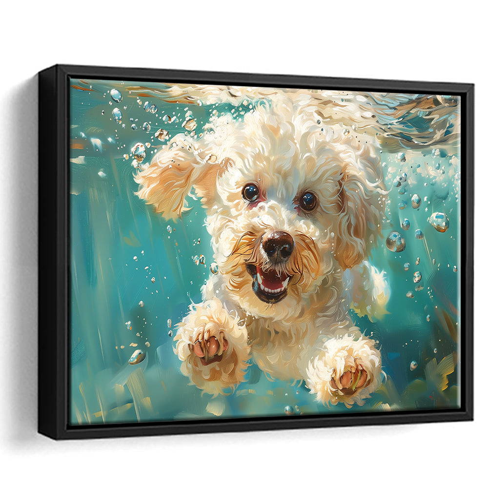 Bichon Frise Dog Funny Swimming Underwater Watercolor, Funny Pet Art, Floating Framed Canvas Print Wall Art