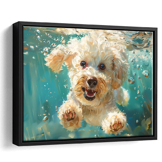 Bichon Frise Dog Funny Swimming Underwater Watercolor, Funny Pet Art, Floating Framed Canvas Print Wall Art