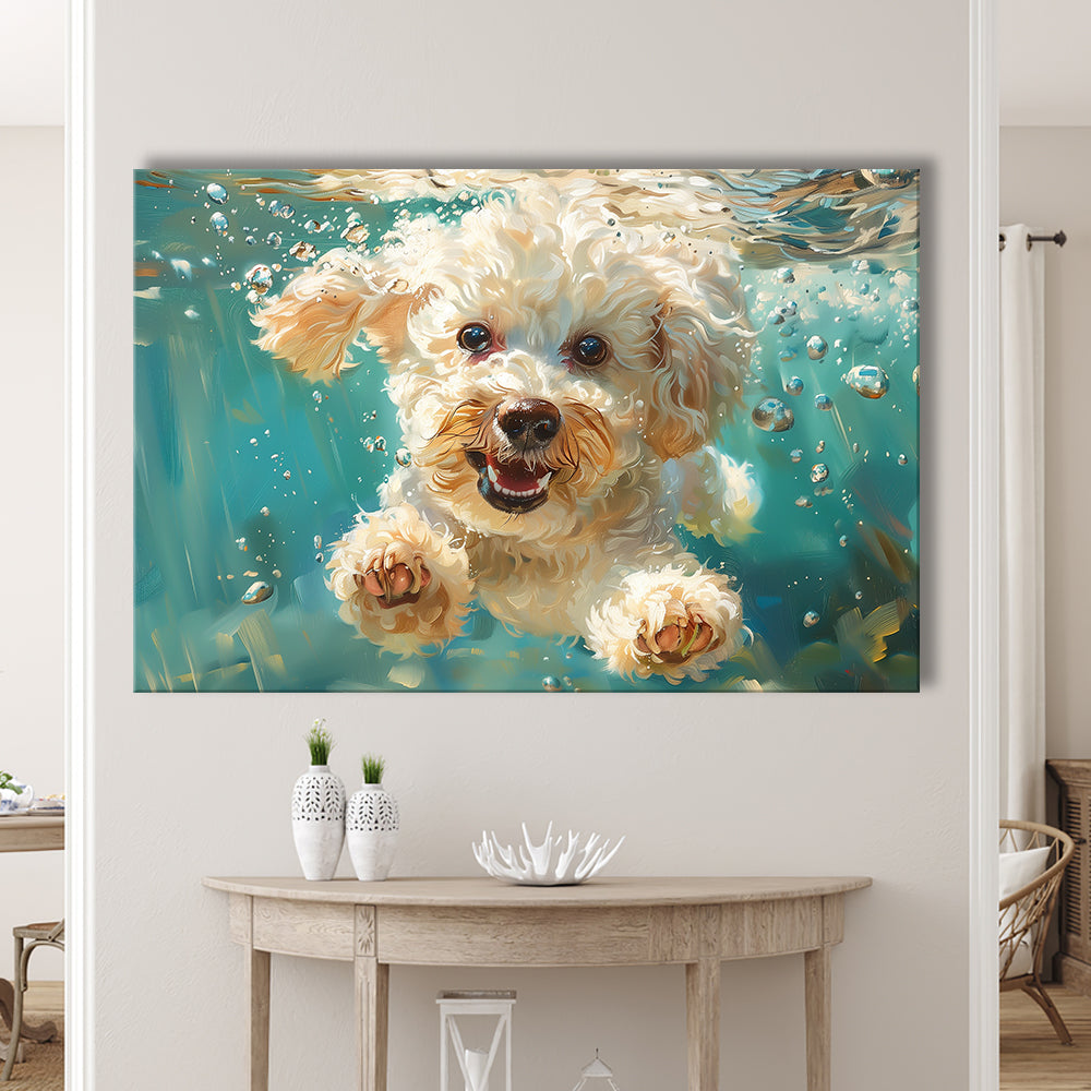 Bichon Frise Dog Funny Swimming Underwater Watercolor, Funny Pet Art, Canvas Print Wall Art Home Decor