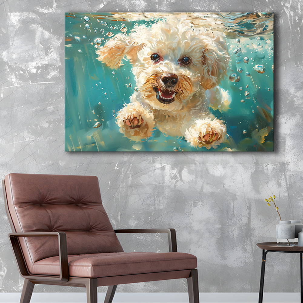 Bichon Frise Dog Funny Swimming Underwater Watercolor, Funny Pet Art, Canvas Print Wall Art Home Decor