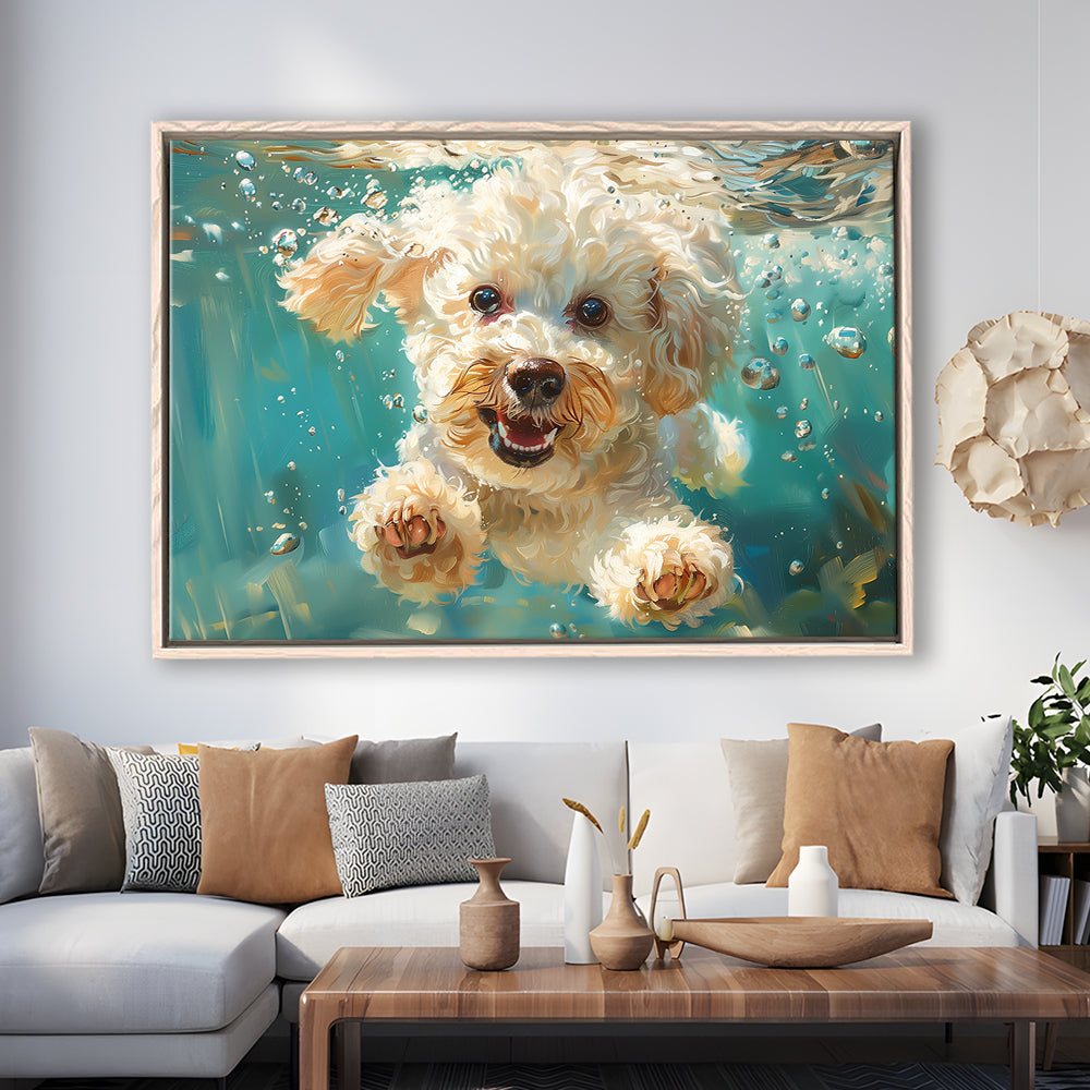 Bichon Frise Dog Funny Swimming Underwater Watercolor, Funny Pet Art, Floating Framed Canvas Print Wall Art