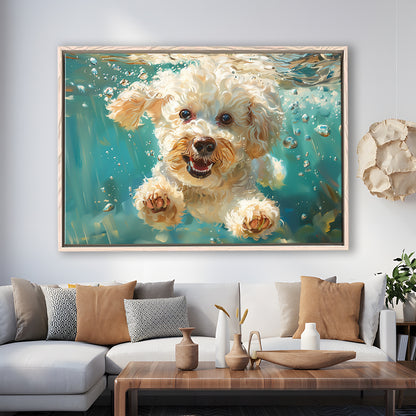 Bichon Frise Dog Funny Swimming Underwater Watercolor, Funny Pet Art, Floating Framed Canvas Print Wall Art