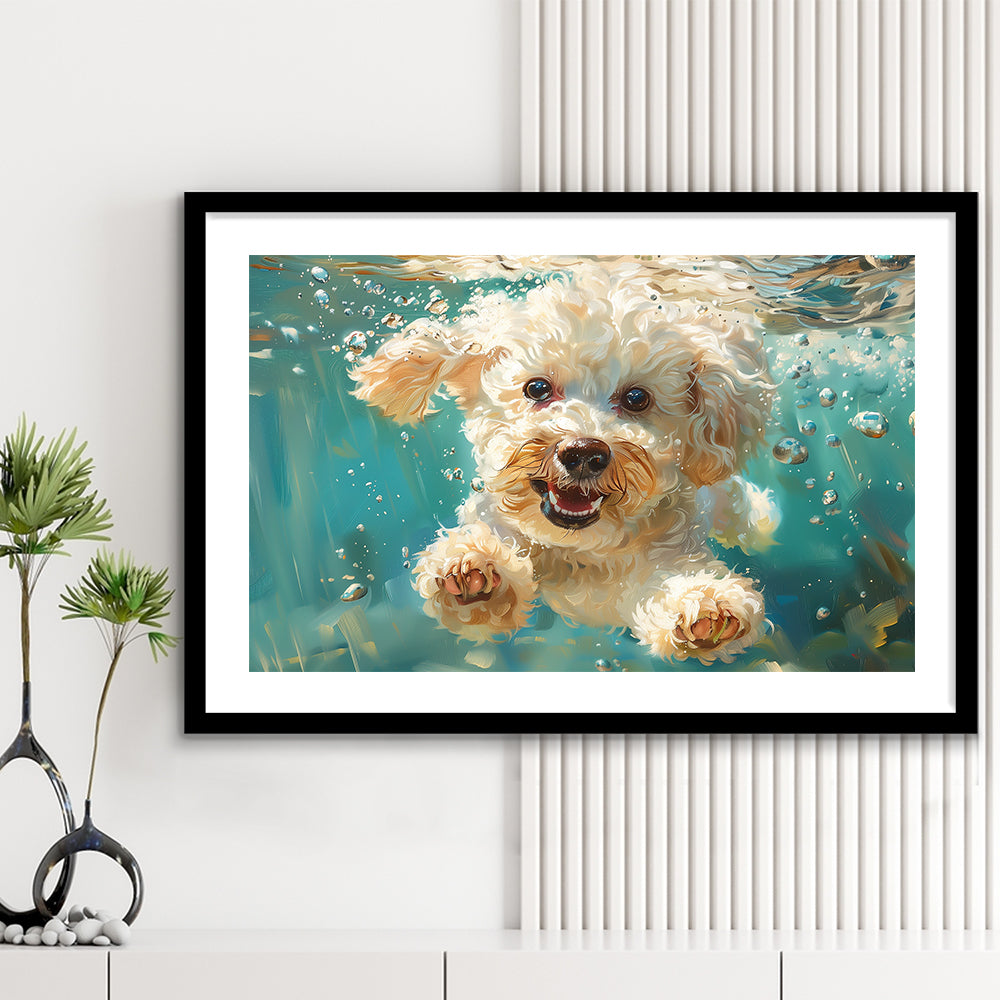 Bichon Frise Dog Funny Swimming Underwater Watercolor, Funny Pet Art, Framed Art Print White Border Wall Decor
