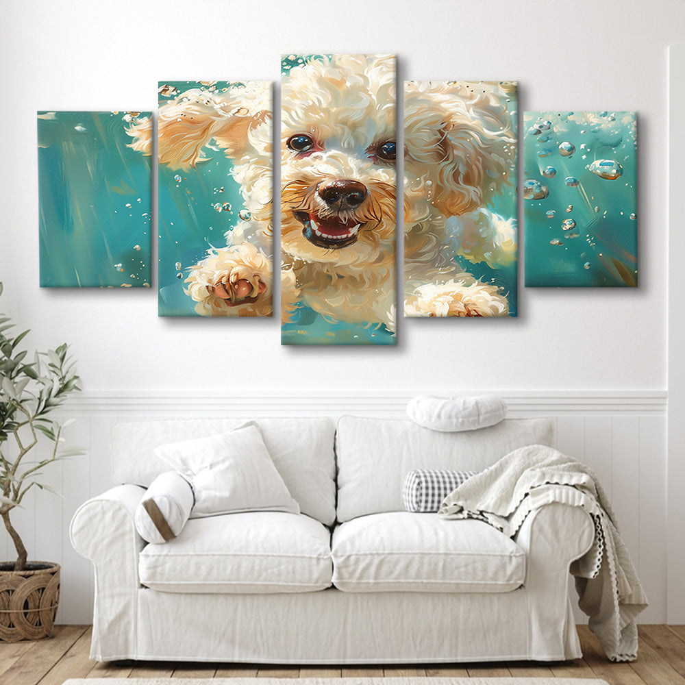 Bichon Frise Dog Funny Swimming Underwater Watercolor, Funny Pet Art, Mixed Panels Canvas Print Wall Art