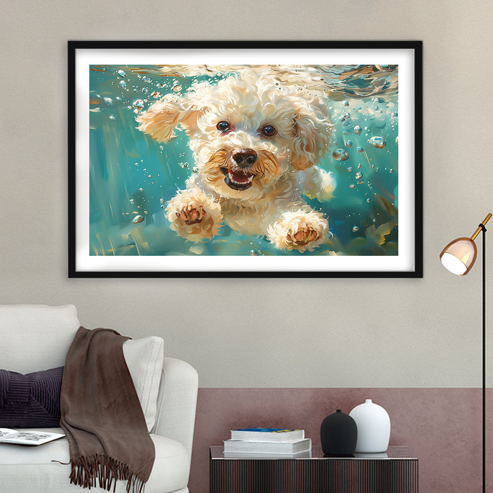Bichon Frise Dog Funny Swimming Underwater Watercolor, Funny Pet Art, Framed Art Print White Border Wall Decor