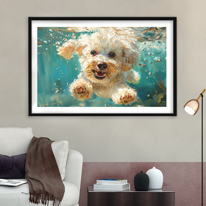 Bichon Frise Dog Funny Swimming Underwater Watercolor, Funny Pet Art, Framed Art Print White Border Wall Decor
