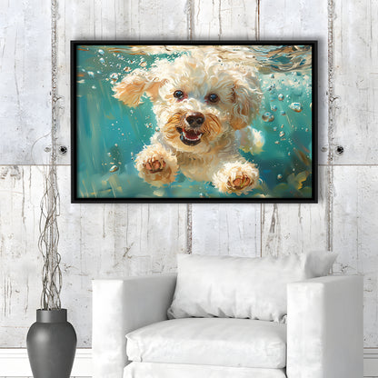 Bichon Frise Dog Funny Swimming Underwater Watercolor, Funny Pet Art, Floating Framed Canvas Print Wall Art
