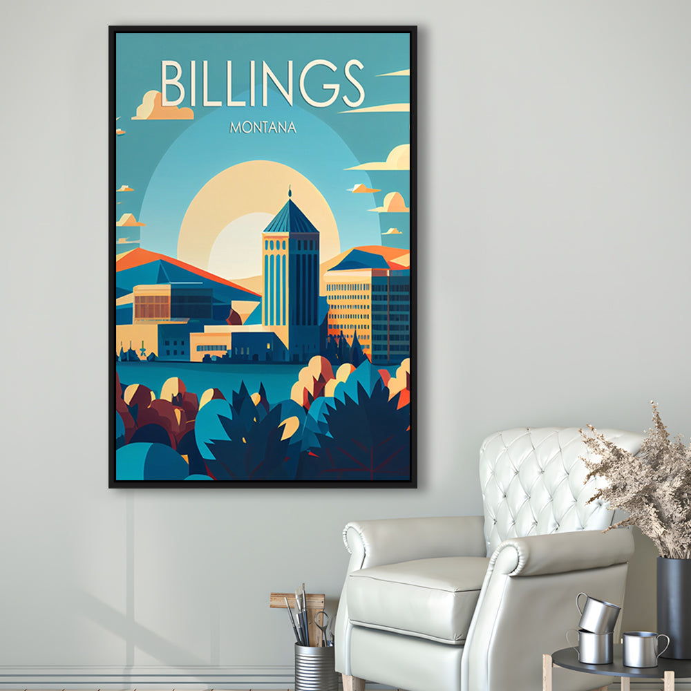 Billings Montana Retro Art Print, Billings City Wall Art, Floating Framed Canvas Print, Framed Picture, Painting Canvas