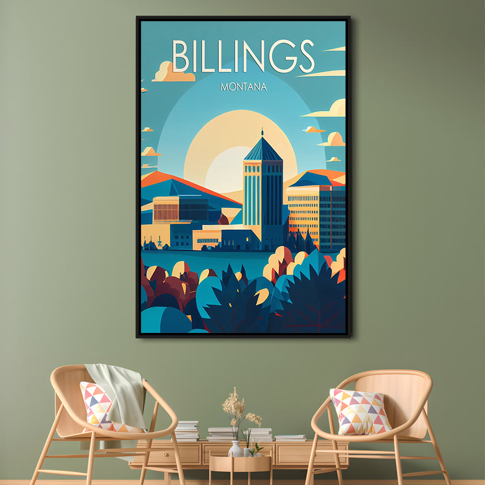 Billings Montana Retro Art Print, Billings City Wall Art, Floating Framed Canvas Print, Framed Picture, Painting Canvas