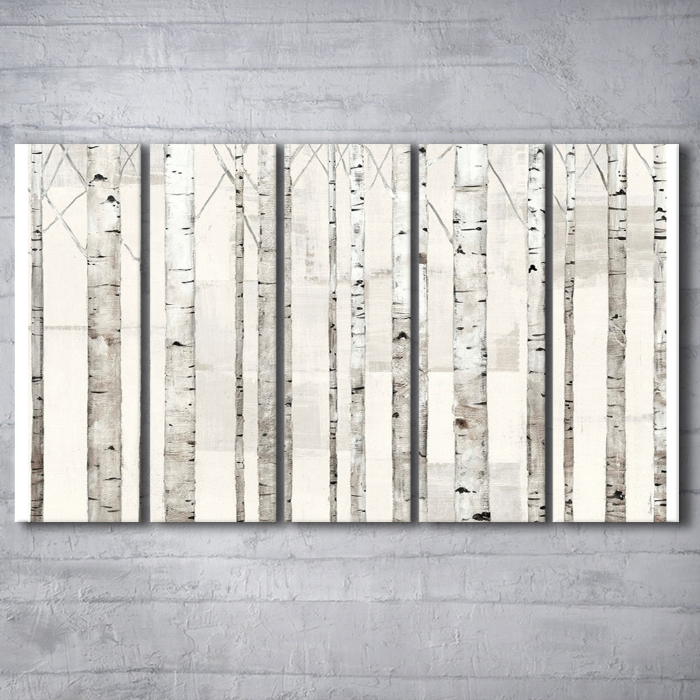 Birch Trees on White Wall Art, 5 Piece B Extra Large Cavas Print Wall Art Decor