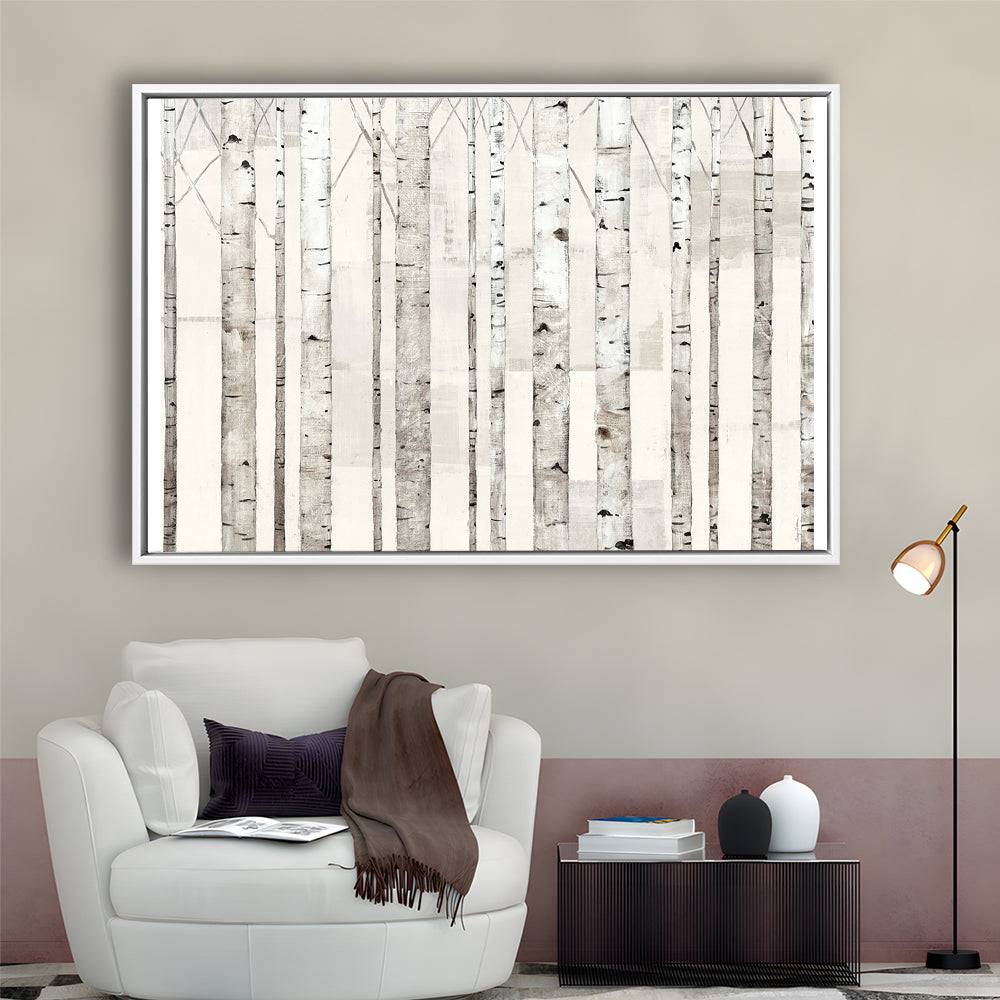 Birch Trees On White Wall Art, Framed Cavas Print, Floating Frame