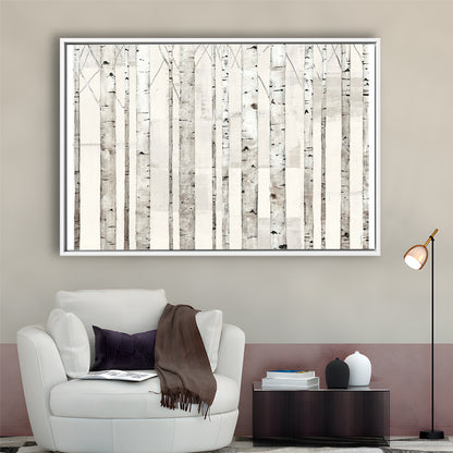 Birch Trees On White Wall Art, Framed Cavas Print, Floating Frame