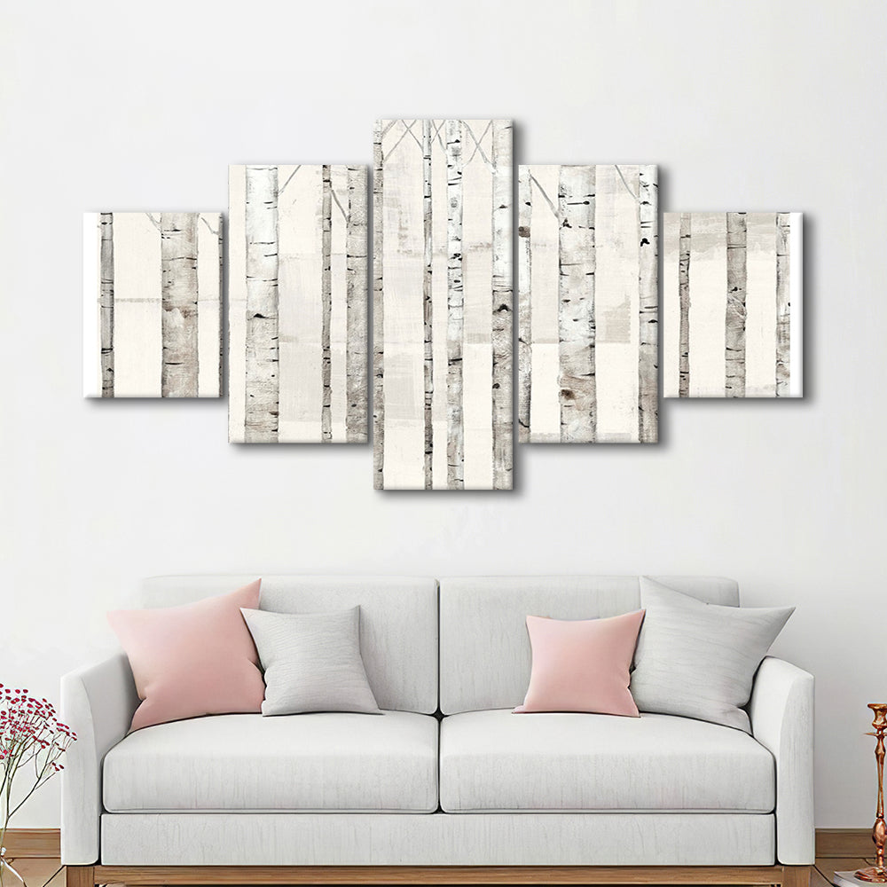 Birch Trees on White Wall Art, 5 Piece Large Cavas Print Wall Art
