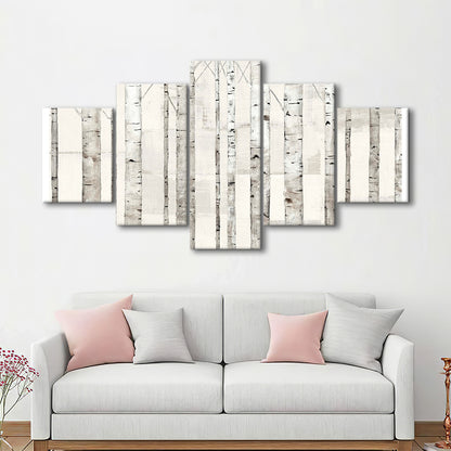 Birch Trees on White Wall Art, 5 Piece Large Cavas Print Wall Art
