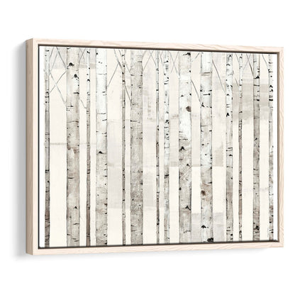 Birch Trees On White Wall Art, Framed Cavas Print, Floating Frame
