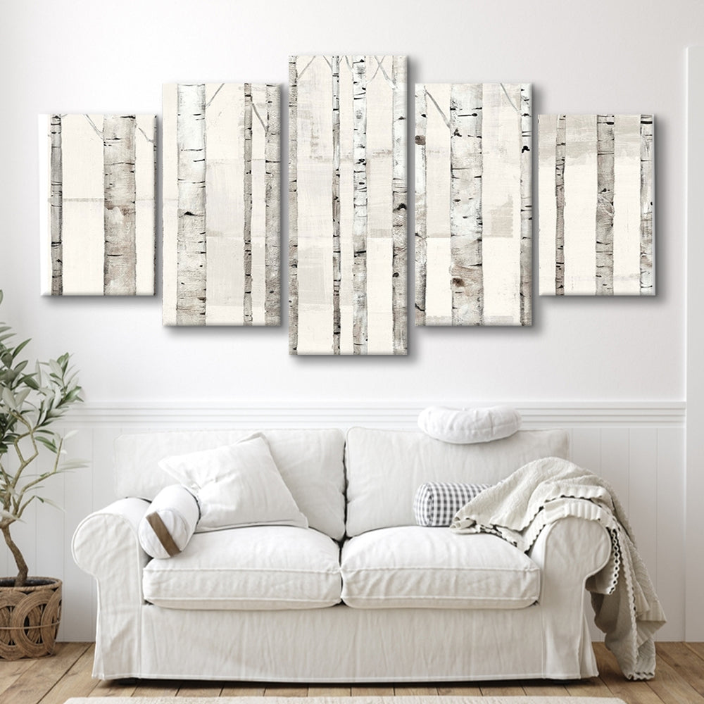 Birch Trees on White Wall Art, 5 Piece Large Cavas Print Wall Art